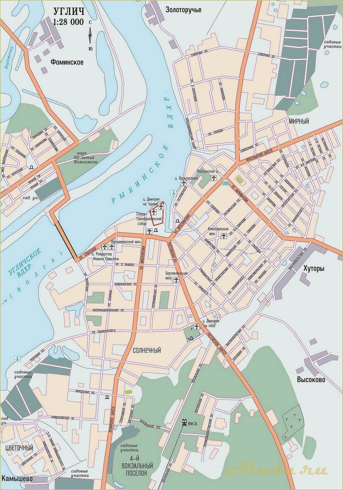 (карта, города, углич, ярославской, области) Карта города Углич Ярославской области — достопримечательности и интересные места